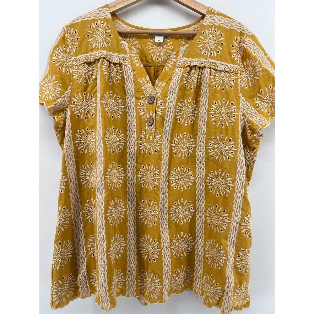 Coldwater Creek Mustard Yellow Eyelet Embroidered Henley Blouse XL Boho Scallop